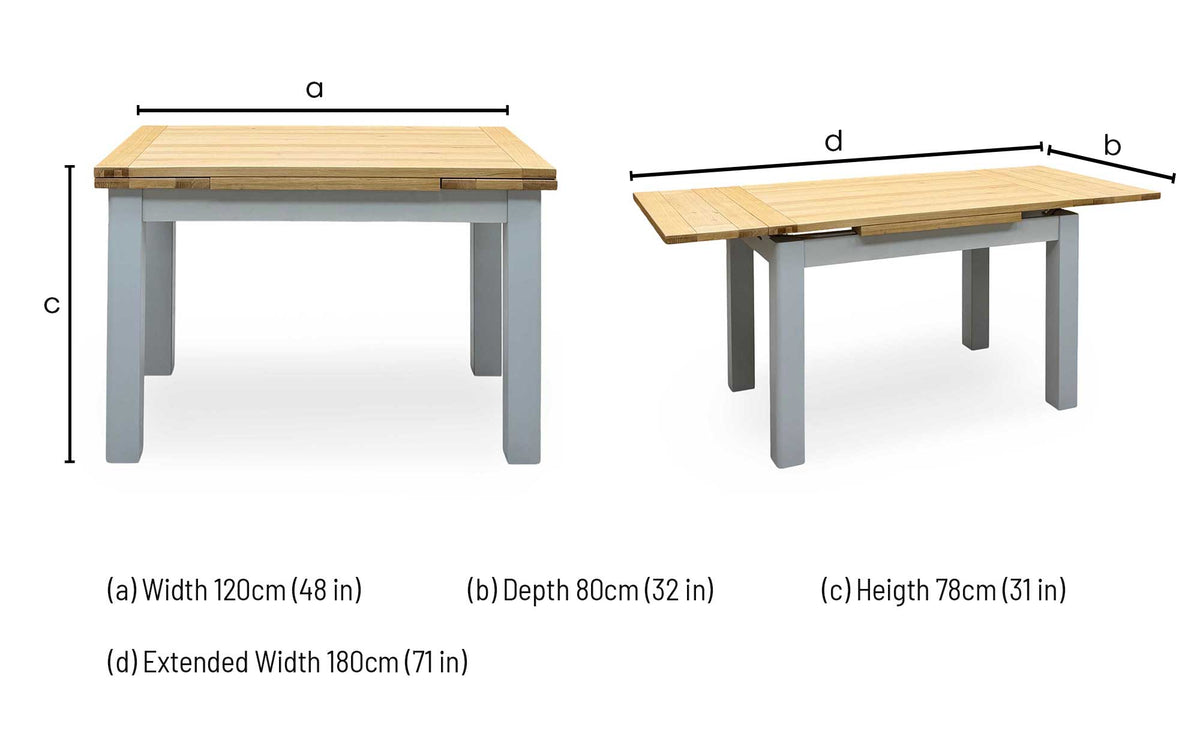 Lewis solid oak dining table dimensions: width 120cm, depth 80cm, height 78cm, extended width 180cm