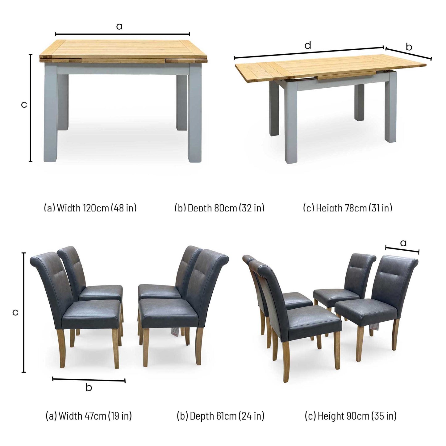 ‘Lewis’ Solid Oak 120cm Large Draw Leaf Extending Dining Table with Dark Grey Faux Leather Roll Back Dining Chairs – view 20