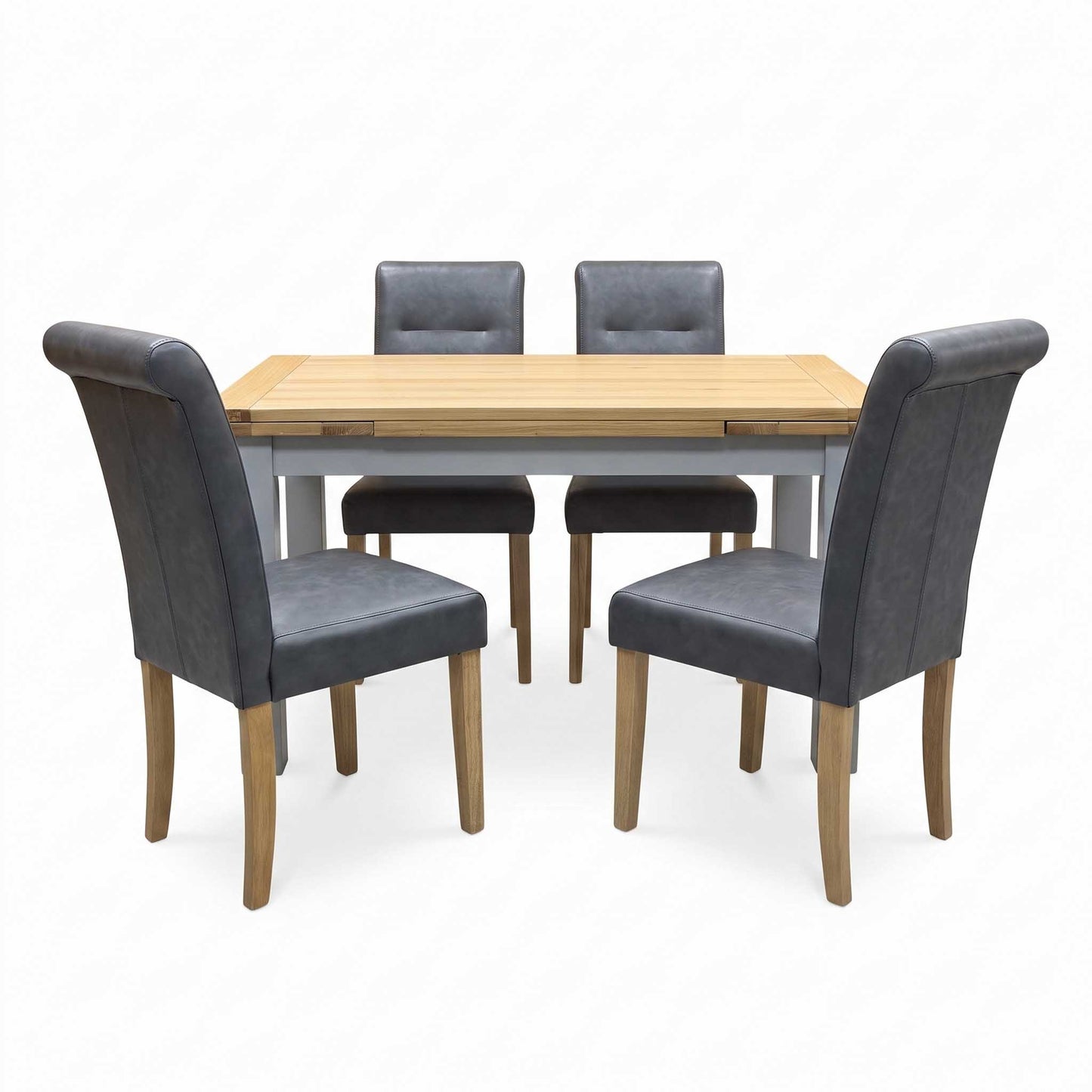 ‘Lewis’ Solid Oak 120cm Large Draw Leaf Extending Dining Table with Dark Grey Faux Leather Roll Back Dining Chairs – view 9