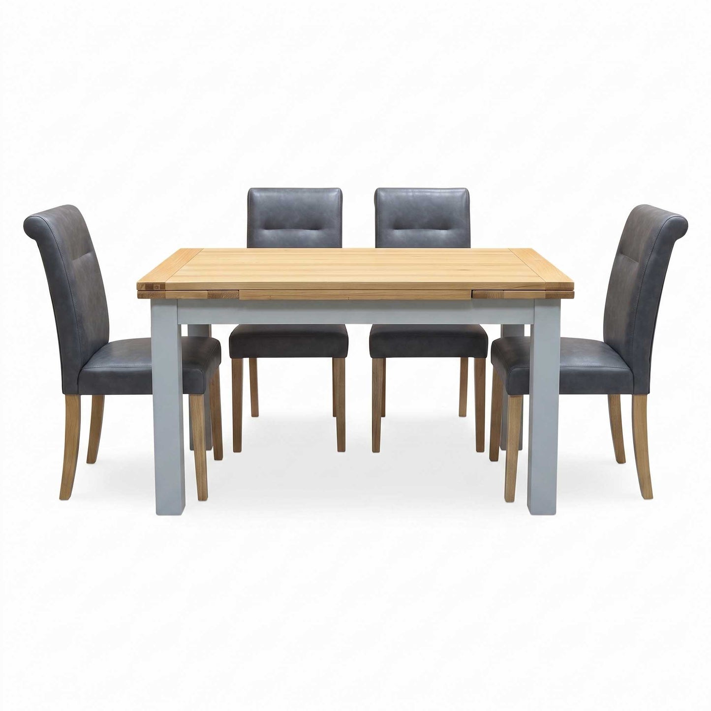 ‘Lewis’ Solid Oak 120cm Large Draw Leaf Extending Dining Table with Dark Grey Faux Leather Roll Back Dining Chairs – view 10