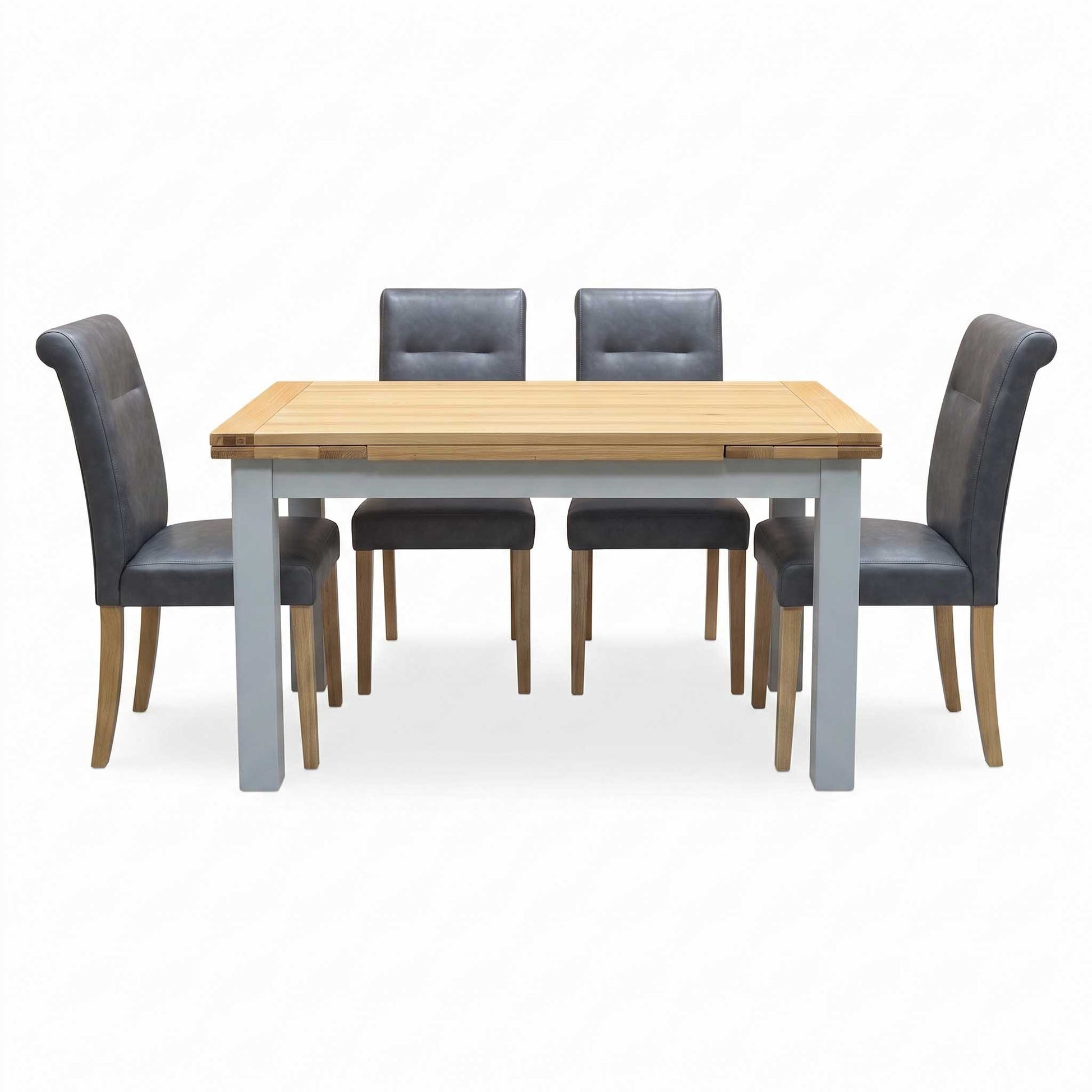 ‘Lewis’ Solid Oak 120cm Large Draw Leaf Extending Dining Table with Dark Grey Faux Leather Roll Back Dining Chairs – view 10