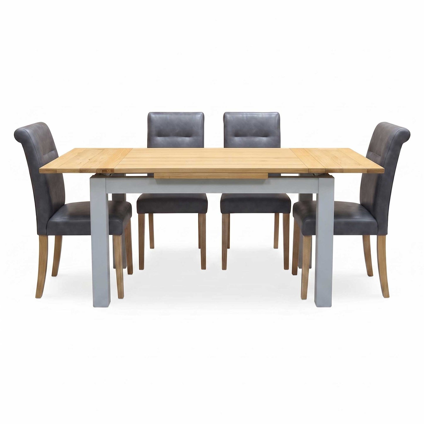 ‘Lewis’ Solid Oak 120cm Large Draw Leaf Extending Dining Table with Dark Grey Faux Leather Roll Back Dining Chairs – view 11