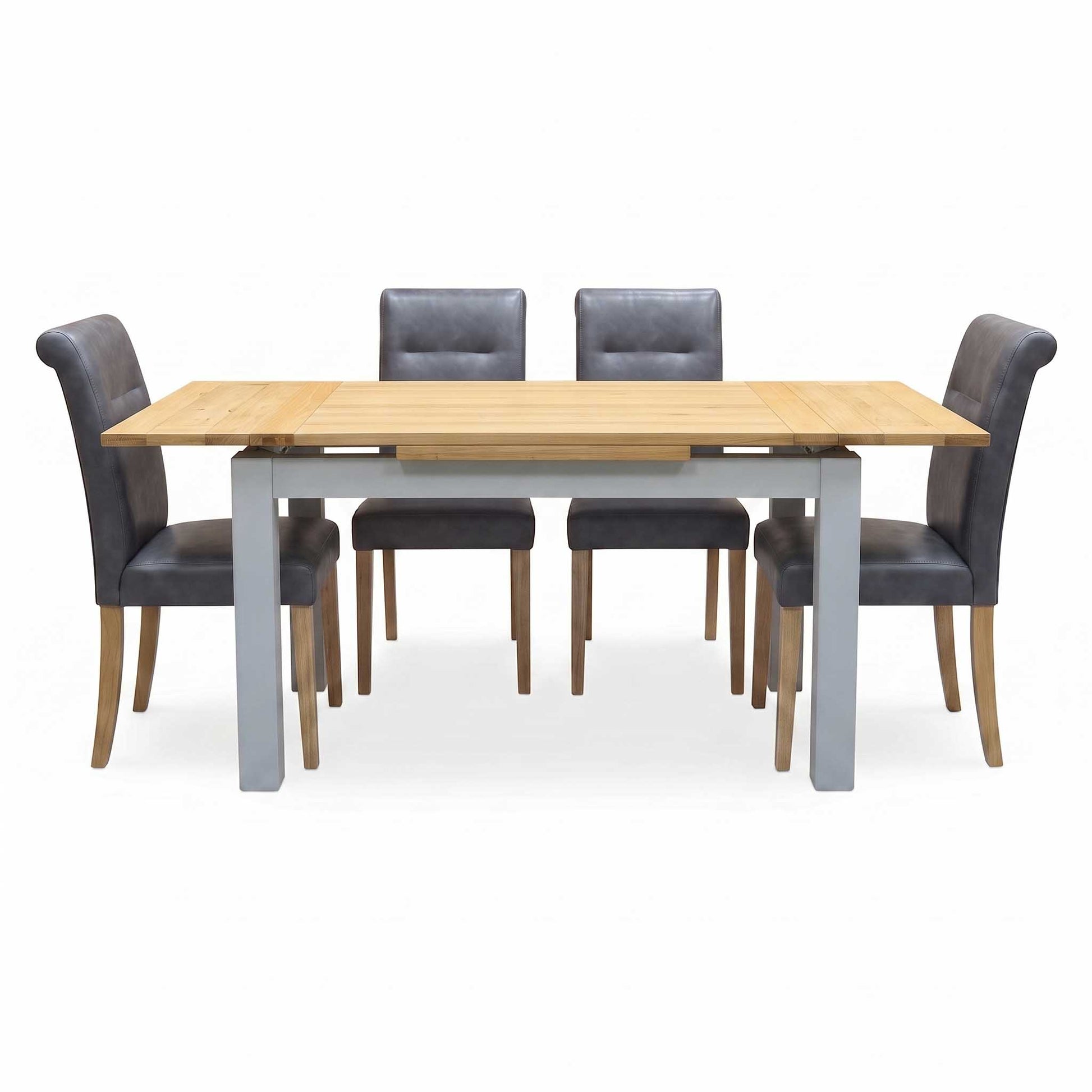 ‘Lewis’ Solid Oak 120cm Large Draw Leaf Extending Dining Table with Dark Grey Faux Leather Roll Back Dining Chairs – view 11