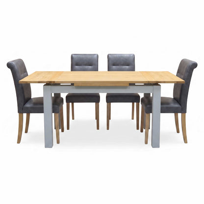 ‘Lewis’ Solid Oak 120cm Large Draw Leaf Extending Dining Table with Dark Grey Faux Leather Roll Back Dining Chairs – view 11