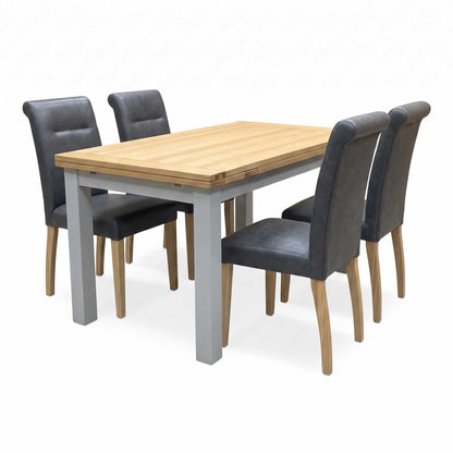 ‘Lewis’ Solid Oak 120cm Large Draw Leaf Extending Dining Table with Dark Grey Faux Leather Roll Back Dining Chairs – view 12