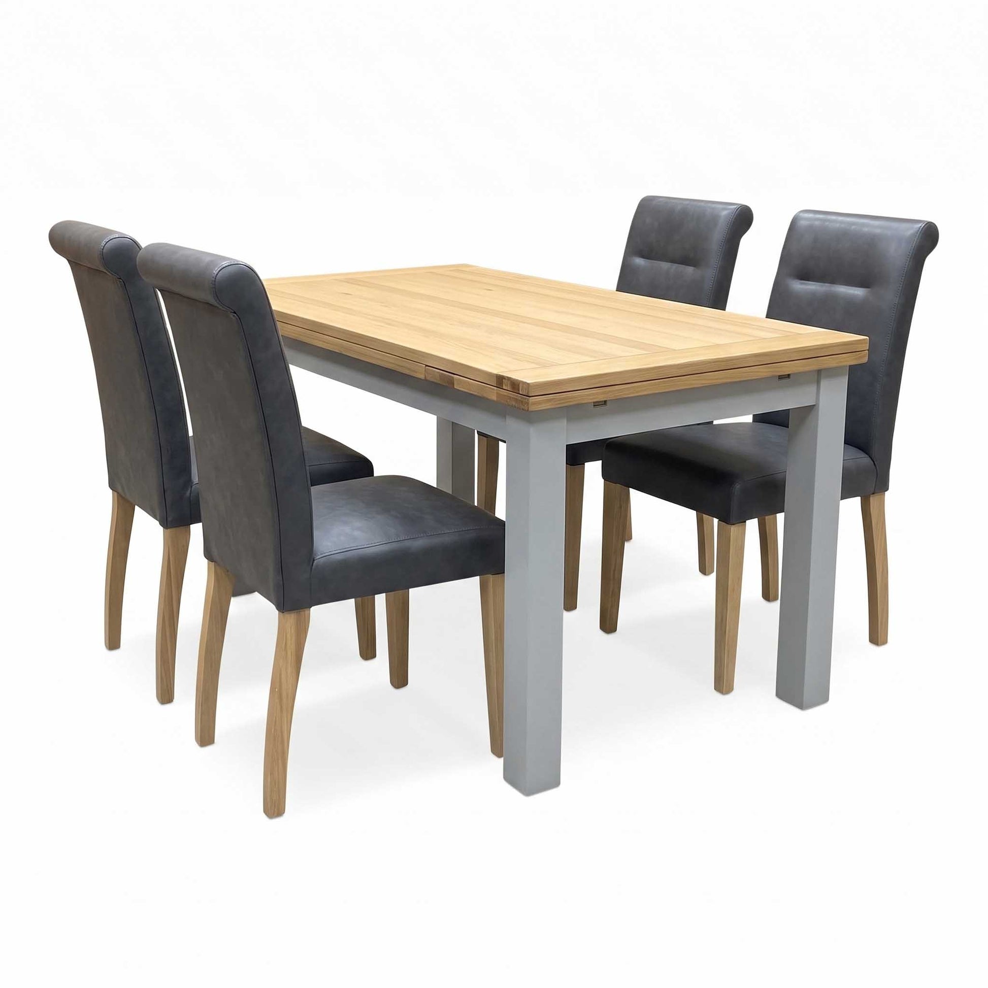 ‘Lewis’ Solid Oak 120cm Large Draw Leaf Extending Dining Table with Dark Grey Faux Leather Roll Back Dining Chairs – view 13