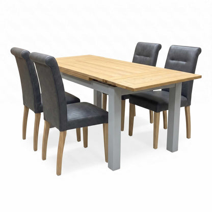 ‘Lewis’ Solid Oak 120cm Large Draw Leaf Extending Dining Table with Dark Grey Faux Leather Roll Back Dining Chairs – view 14