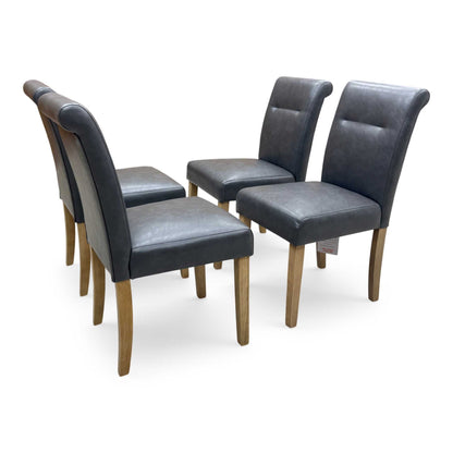 ‘Lewis’ Solid Oak 120cm Large Draw Leaf Extending Dining Table with Dark Grey Faux Leather Roll Back Dining Chairs – view 15