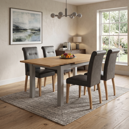 ‘Lewis’ Solid Oak 120cm Large Draw Leaf Extending Dining Table with Dark Grey Faux Leather Roll Back Dining Chairs – view 2
