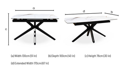 ‘Jose’ Doro Marble Ceramic Top 130cm Pop Up Extending Dining Table