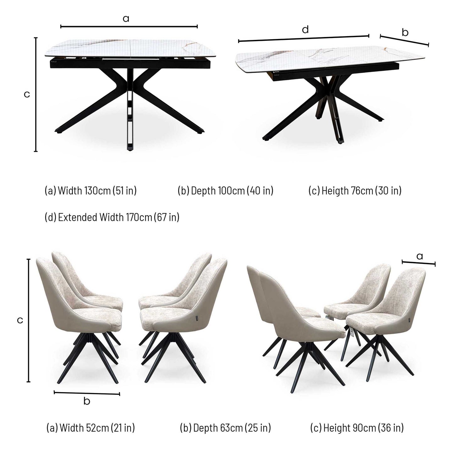 'Jose’ Doro Marble Ceramic Top 130cm Pop Up Extending Dining Table with Pebble Beige Fabric Set of 4 Swivel Dining Chairs