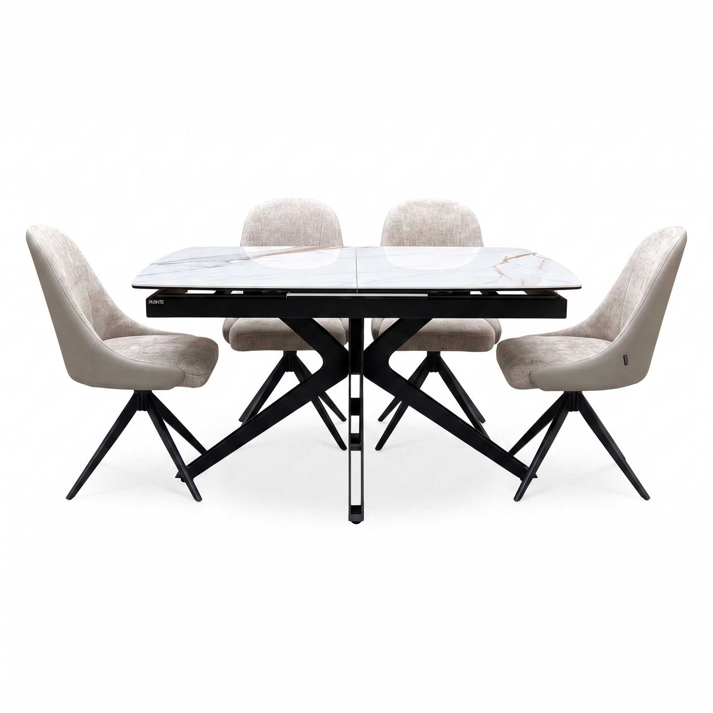 'Jose’ Doro Marble Ceramic Top 130cm Pop Up Extending Dining Table with Pebble Beige Fabric Set of 4 Swivel Dining Chairs
