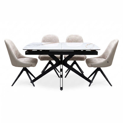 'Jose’ Doro Marble Ceramic Top 130cm Pop Up Extending Dining Table with Pebble Beige Fabric Set of 4 Swivel Dining Chairs