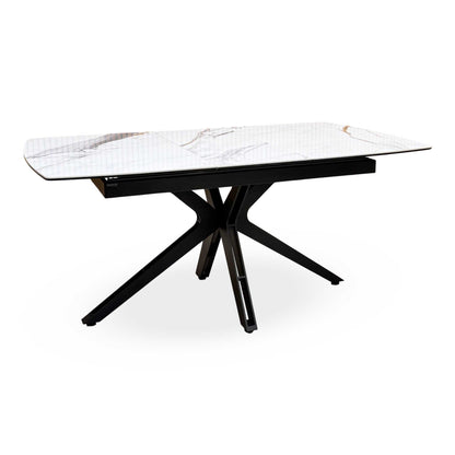 'Jose’ Doro Marble Ceramic Top 130cm Pop Up Extending Dining Table with Pebble Beige Fabric Set of 4 Swivel Dining Chairs
