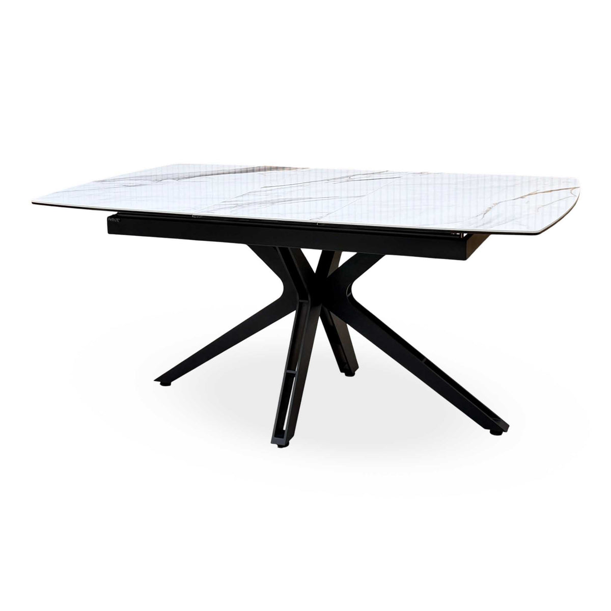 'Jose’ Doro Marble Ceramic Top 130cm Pop Up Extending Dining Table with Pebble Beige Fabric Set of 4 Swivel Dining Chairs