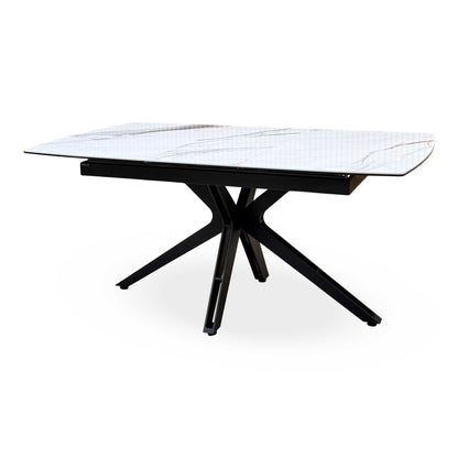 'Jose’ Doro Marble Ceramic Top 130cm Pop Up Extending Dining Table with Pebble Beige Fabric Set of 4 Swivel Dining Chairs