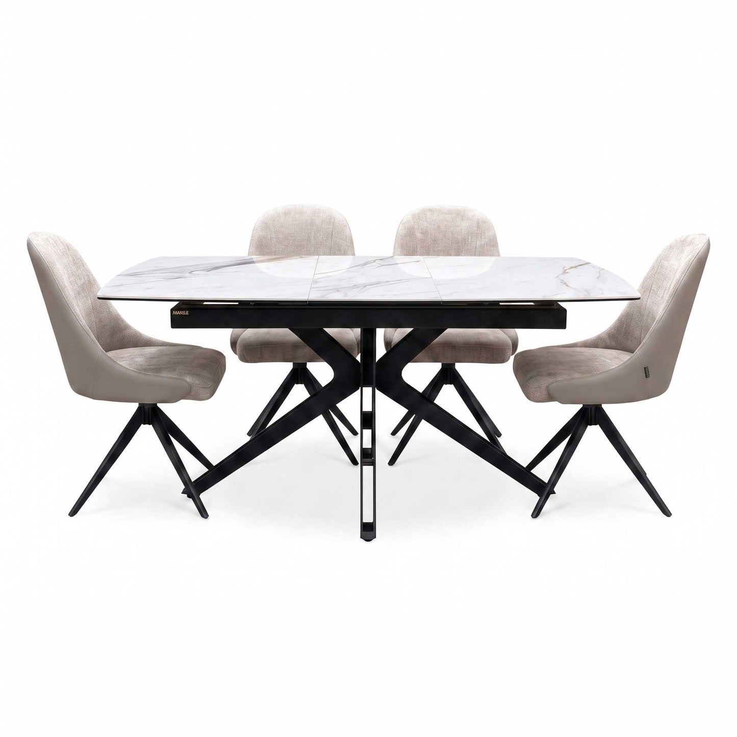 'Jose’ Doro Marble Ceramic Top 130cm Pop Up Extending Dining Table with Pebble Beige Fabric Set of 4 Swivel Dining Chairs