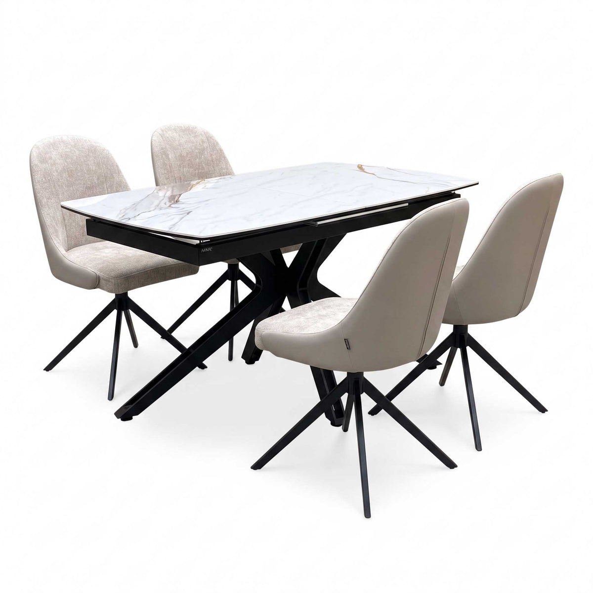 'Jose’ Doro Marble Ceramic Top 130cm Pop Up Extending Dining Table with Pebble Beige Fabric Set of 4 Swivel Dining Chairs