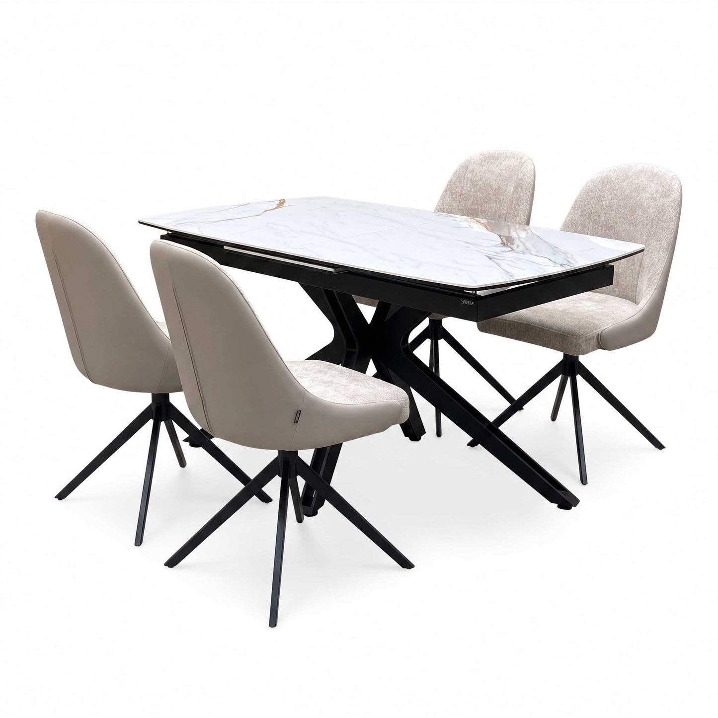 'Jose’ Doro Marble Ceramic Top 130cm Pop Up Extending Dining Table with Pebble Beige Fabric Set of 4 Swivel Dining Chairs