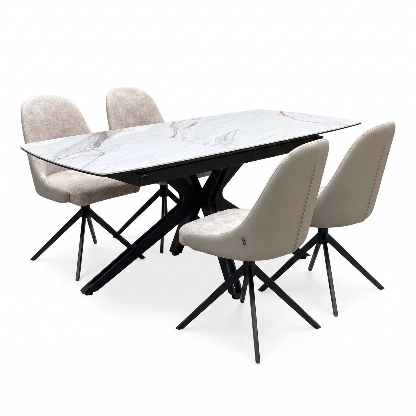 'Jose’ Doro Marble Ceramic Top 130cm Pop Up Extending Dining Table with Pebble Beige Fabric Set of 4 Swivel Dining Chairs