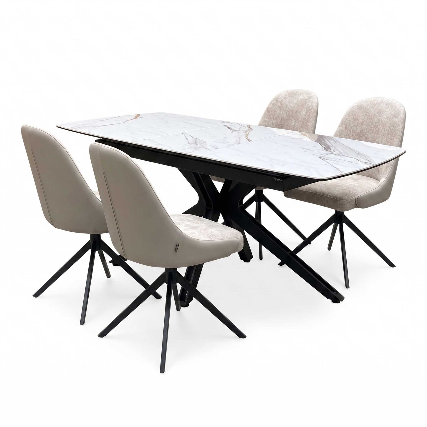 'Jose’ Doro Marble Ceramic Top 130cm Pop Up Extending Dining Table with Pebble Beige Fabric Set of 4 Swivel Dining Chairs