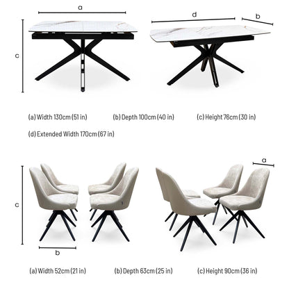 'Jose' Doro Marble Ceramic Top 130cm Pop Up Extending Dining Table with Beige Fabric Set of 4 Swivel Dining Chairs