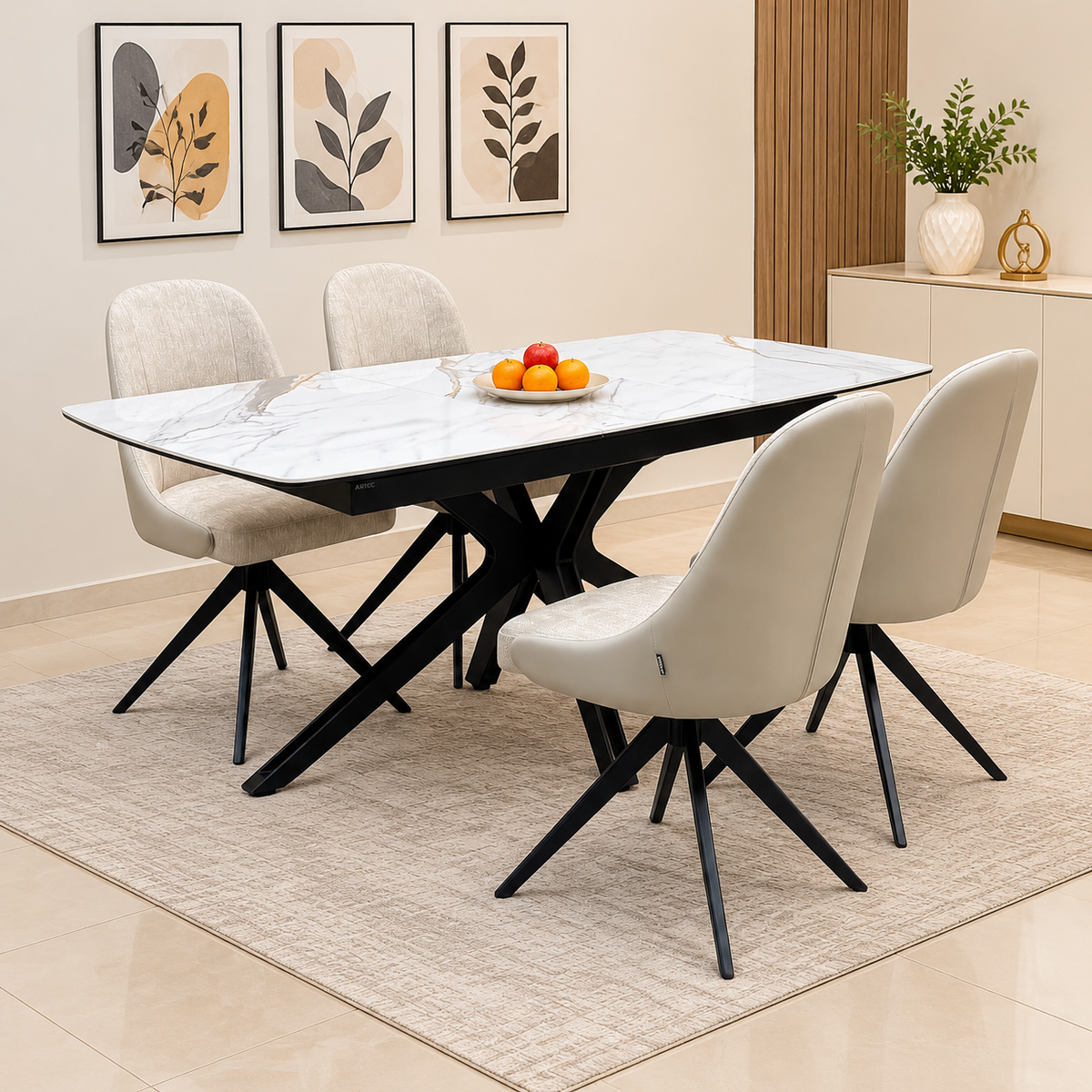 'Jose' Doro Marble Ceramic Top 130cm Pop Up Extending Dining Table with Beige Fabric Set of 4 Swivel Dining Chairs