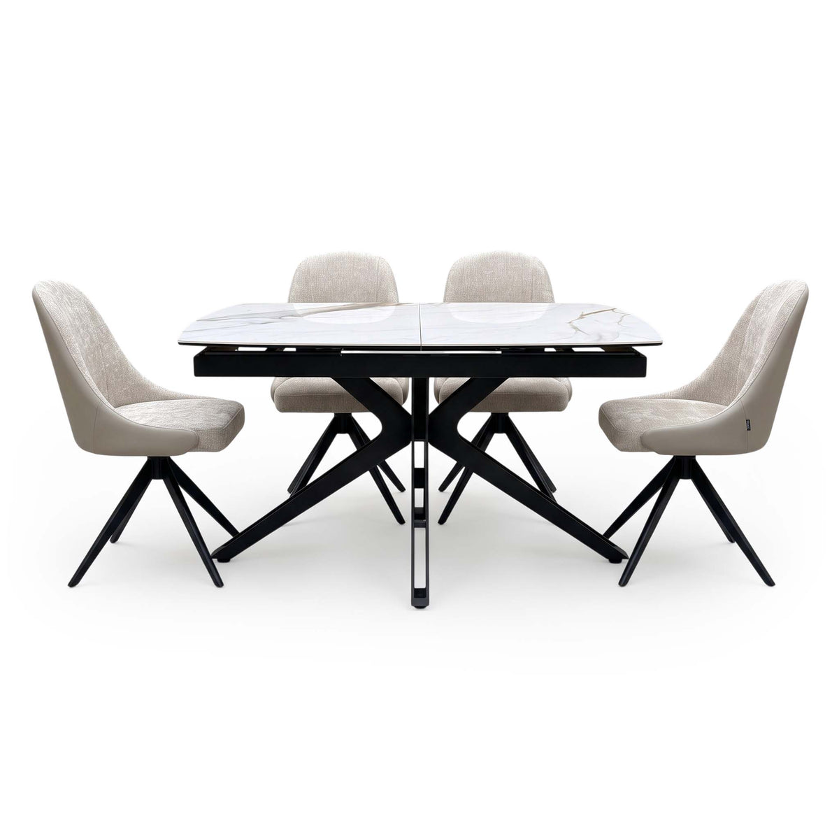 'Jose' Doro Marble Ceramic Top 130cm Pop Up Extending Dining Table with Beige Fabric Set of 4 Swivel Dining Chairs