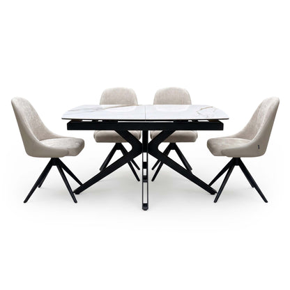 'Jose' Doro Marble Ceramic Top 130cm Pop Up Extending Dining Table with Beige Fabric Set of 4 Swivel Dining Chairs