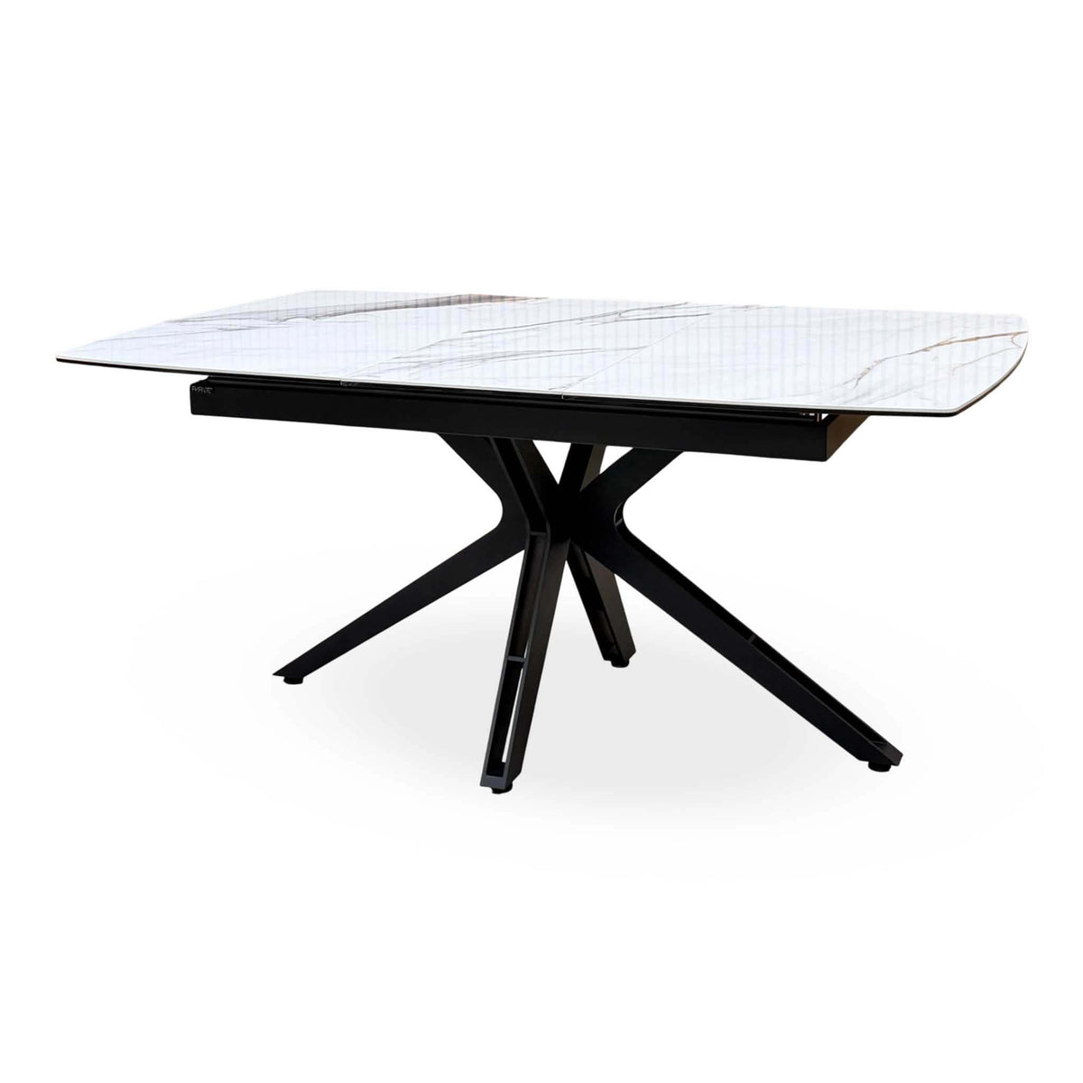 'Jose' Doro Marble Ceramic Top 130cm Pop Up Extending Dining Table with Beige Fabric Set of 4 Swivel Dining Chairs