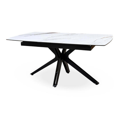 'Jose' Doro Marble Ceramic Top 130cm Pop Up Extending Dining Table with Beige Fabric Set of 4 Swivel Dining Chairs