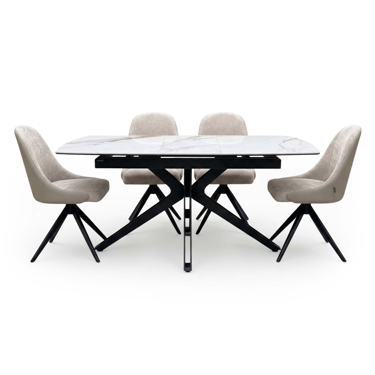 'Jose' Doro Marble Ceramic Top 130cm Pop Up Extending Dining Table with Beige Fabric Set of 4 Swivel Dining Chairs