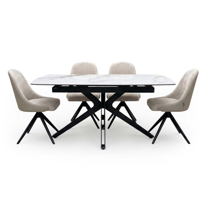 'Jose' Doro Marble Ceramic Top 130cm Pop Up Extending Dining Table with Beige Fabric Set of 4 Swivel Dining Chairs