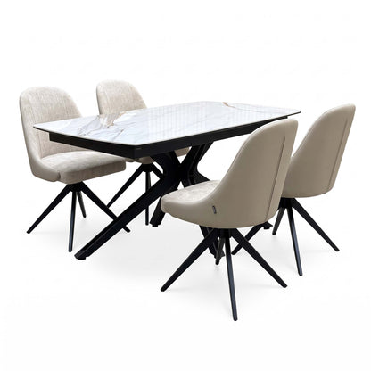 'Jose' Doro Marble Ceramic Top 130cm Pop Up Extending Dining Table with Beige Fabric Set of 4 Swivel Dining Chairs