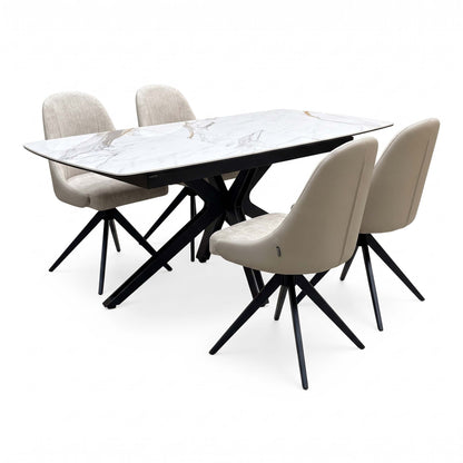 'Jose' Doro Marble Ceramic Top 130cm Pop Up Extending Dining Table with Beige Fabric Set of 4 Swivel Dining Chairs