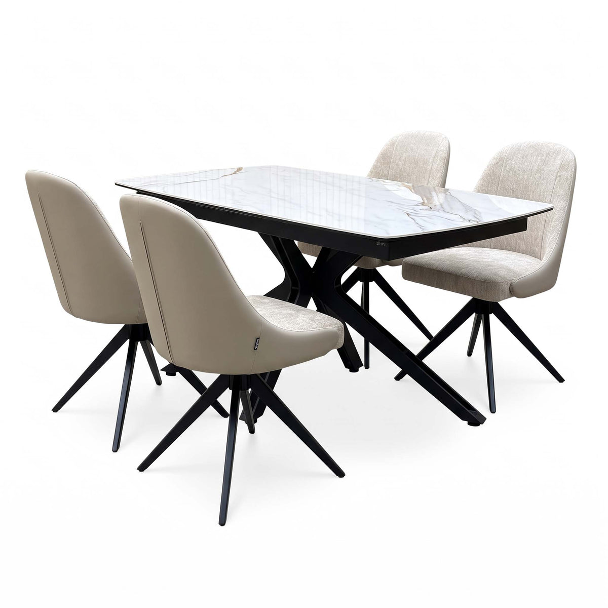 'Jose' Doro Marble Ceramic Top 130cm Pop Up Extending Dining Table with Beige Fabric Set of 4 Swivel Dining Chairs