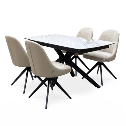 'Jose' Doro Marble Ceramic Top 130cm Pop Up Extending Dining Table with Beige Fabric Set of 4 Swivel Dining Chairs