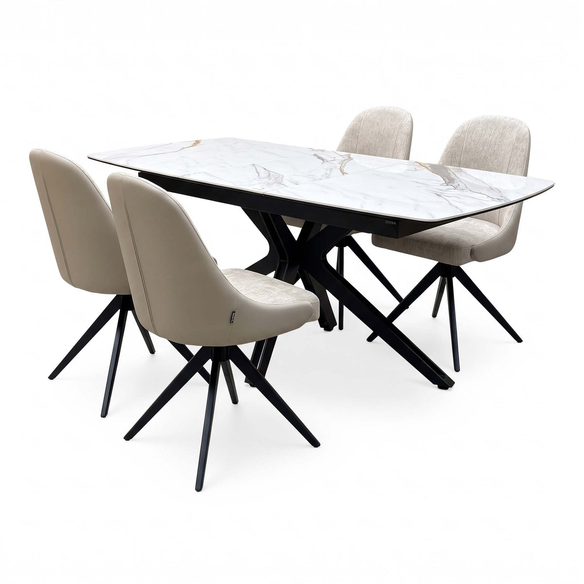 'Jose' Doro Marble Ceramic Top 130cm Pop Up Extending Dining Table with Beige Fabric Set of 4 Swivel Dining Chairs