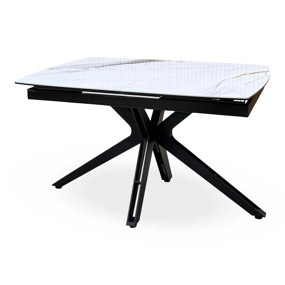 'Jose' Doro Marble Ceramic Top 130cm Pop Up Extending Dining Table with Beige Fabric Set of 4 Swivel Dining Chairs