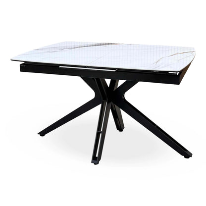 'Jose' Doro Marble Ceramic Top 130cm Pop Up Extending Dining Table with Beige Fabric Set of 4 Swivel Dining Chairs