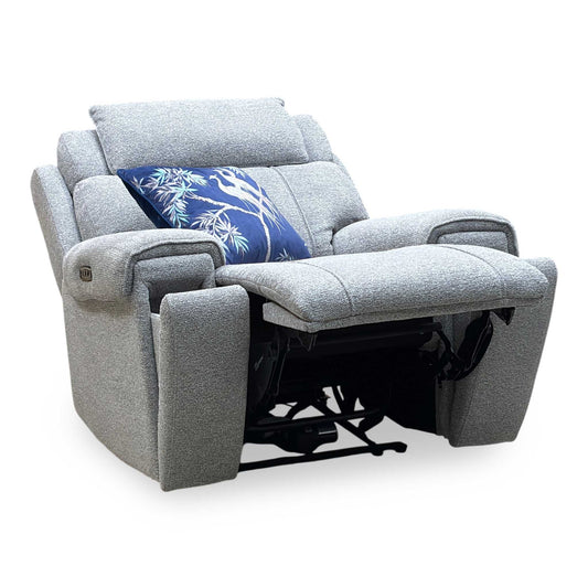 ‘Hollywood’ Fab-Mil-R451 Pewter Grey Fabric Power Recliner Chair with Power Headrest and Storage Arms