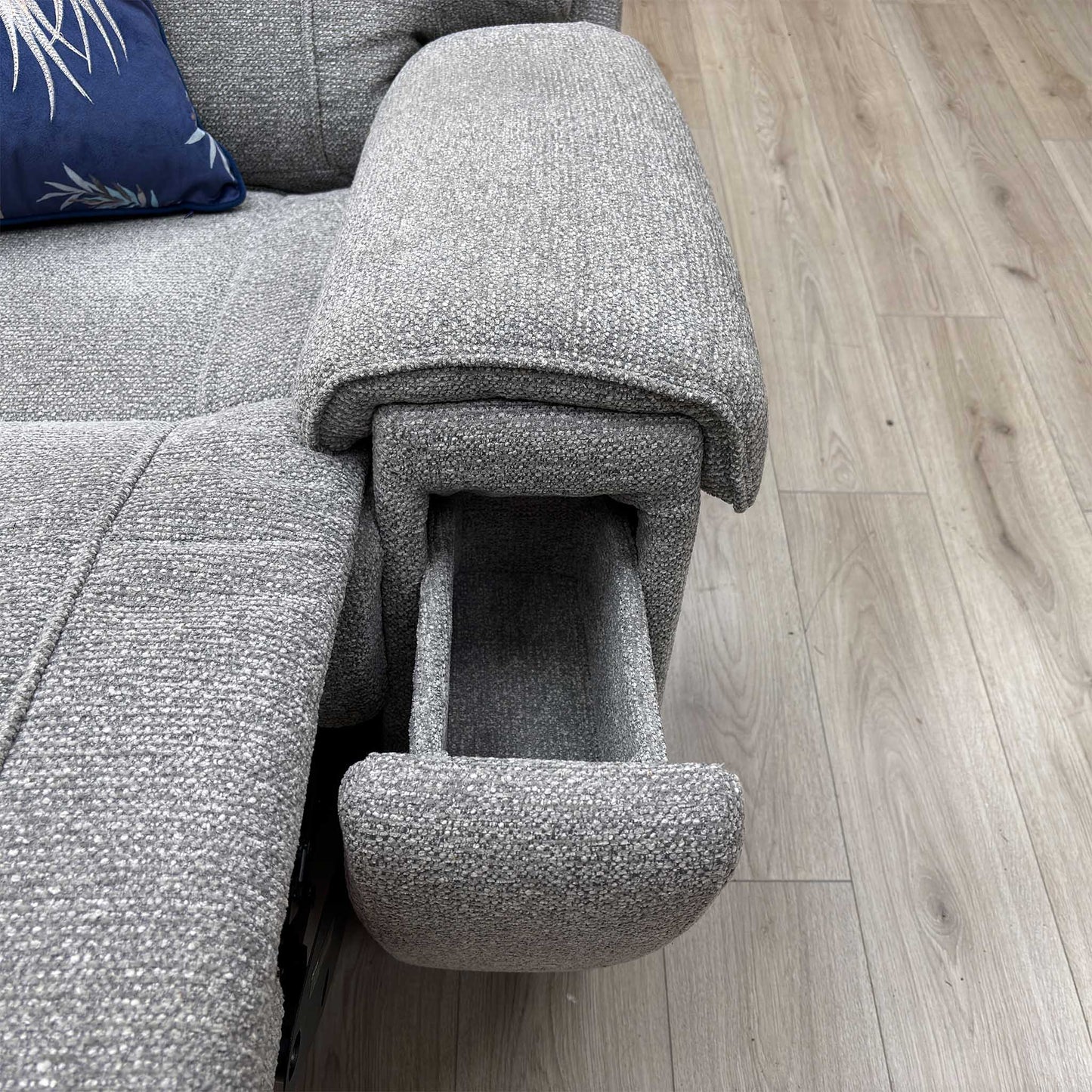 ‘Hollywood’ Fab-Mil-R451 Pewter Grey Fabric Power Recliner Chair with Power Headrest and Storage Arms