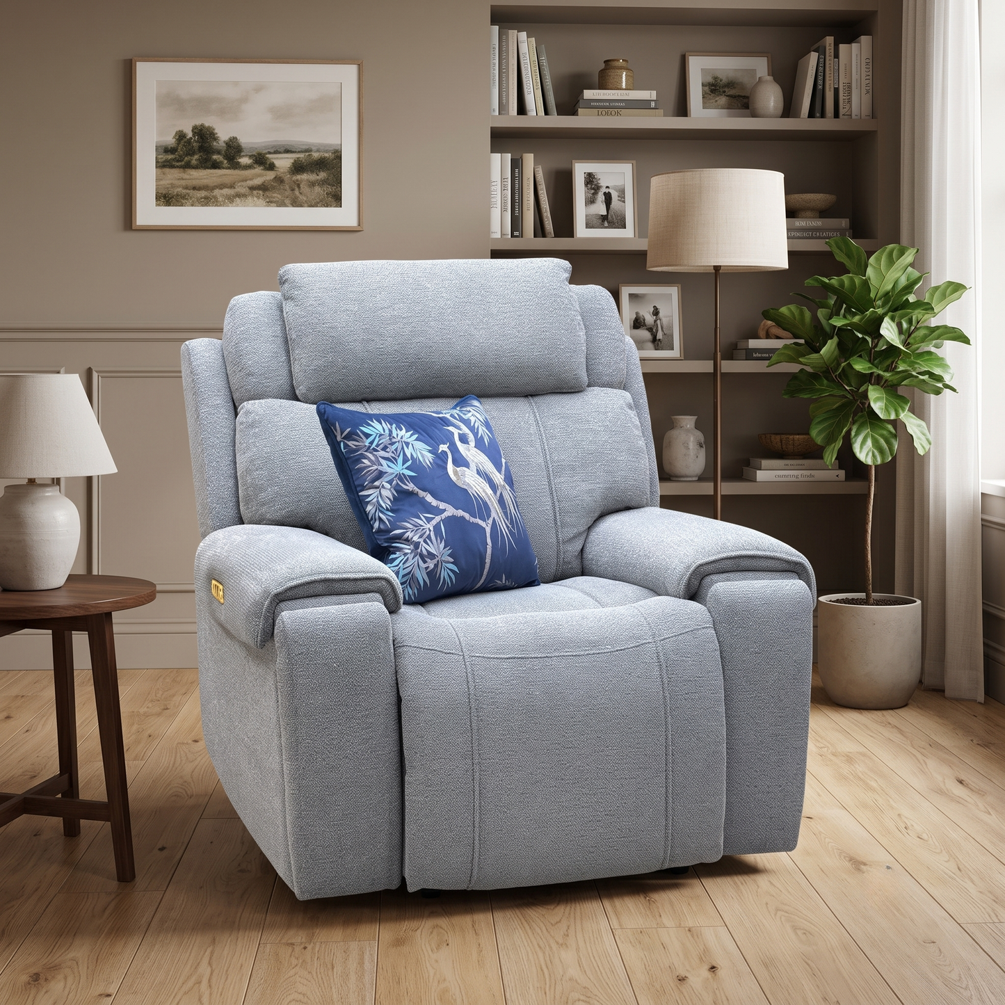 ‘Hollywood’ Fab-Mil-R451 Pewter Grey Fabric Power Recliner Chair with Power Headrest and Storage Arms