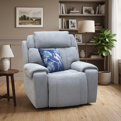 ‘Hollywood’ Fab-Mil-R451 Pewter Grey Fabric Power Recliner Chair with Power Headrest and Storage Arms