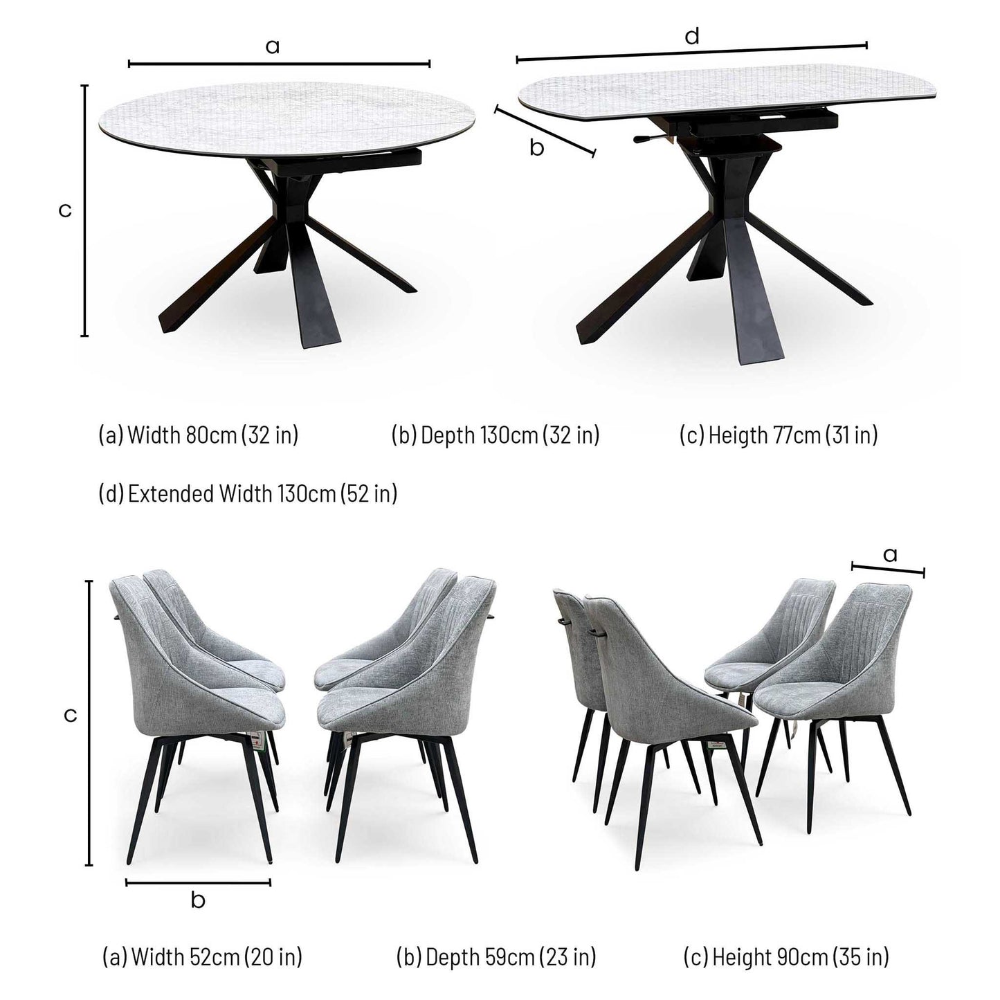 'Crete' Ceramic Top Round Swivel Extending Dining Table with Dark Grey Fabric Swivel Dining Chairs - Set of 4
