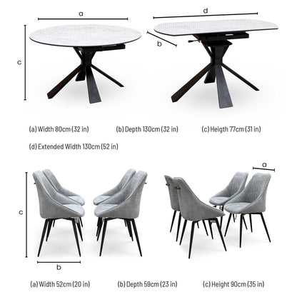 'Crete' Ceramic Top Round Swivel Extending Dining Table with Dark Grey Fabric Swivel Dining Chairs - Set of 4