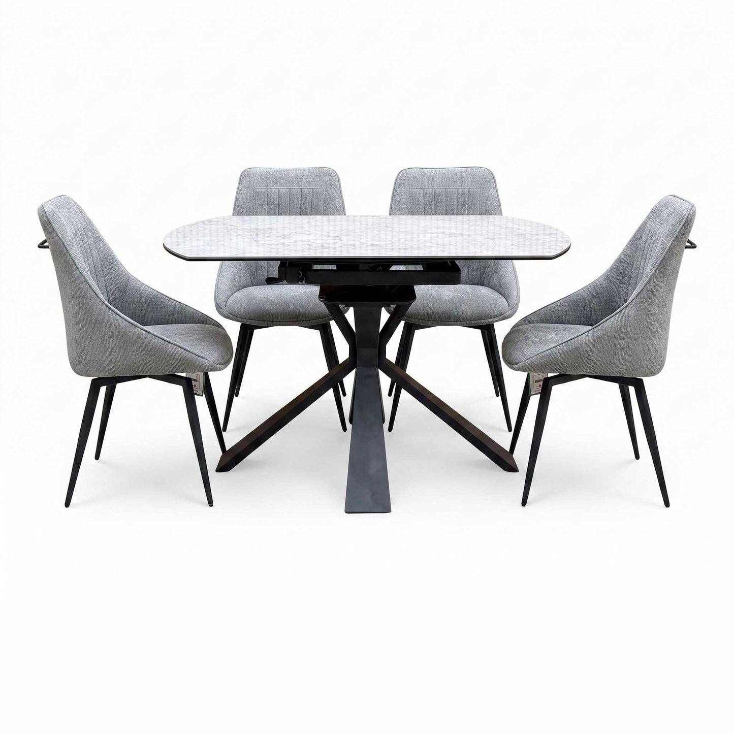 'Crete' Ceramic Top Round Swivel Extending Dining Table with Dark Grey Fabric Swivel Dining Chairs - Set of 4