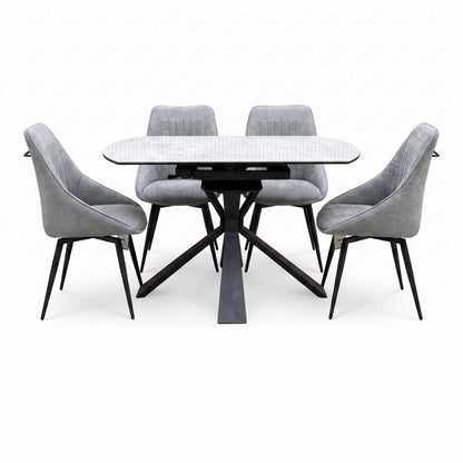 'Crete' Ceramic Top Round Swivel Extending Dining Table with Dark Grey Fabric Swivel Dining Chairs - Set of 4