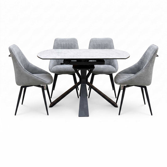 'Crete' Ceramic Top Round Swivel Extending Dining Table with Dark Grey Fabric Swivel Dining Chairs - Set of 4