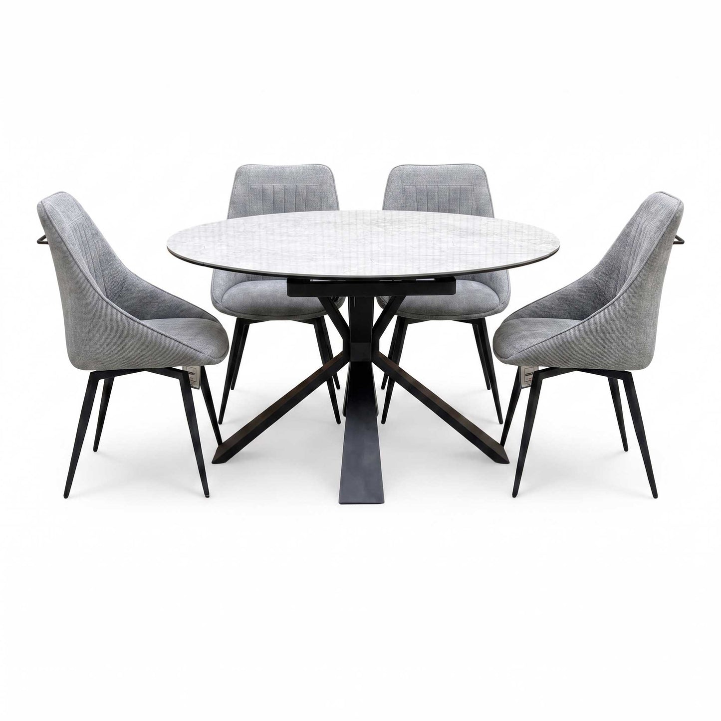 'Crete' Ceramic Top Round Swivel Extending Dining Table with Dark Grey Fabric Swivel Dining Chairs - Set of 4